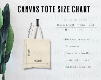May include: A white canvas tote bag with a 20 inch handle, 15 inch width, and 16 inch height. The tote bag is made of 100% cotton canvas with flat corners, cotton fabric handles, reinforced stitching, and is handwash and line dry.