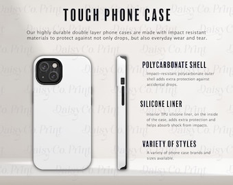 Tabela de tamanhos de capas resistentes para celular, mockup de capa dupla, slide informativo para impressão sob demanda (POD) da Printify, iPhone e Android