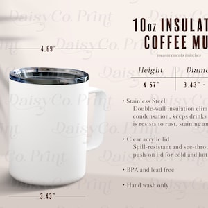 Puede incluir: Taza de café aislada blanca de 10 onzas con una tapa de acrílico transparente. La taza mide 4,57 pulgadas de alto y tiene un diámetro de 3,43 a 4,69 pulgadas. Está hecha de acero inoxidable con aislamiento de doble pared para mantener las bebidas calientes y resistir el óxido, las manchas y la corrosión. Lavar solo a mano.