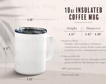 10oz geïsoleerde koffiemok mockup, geïsoleerde koffiemok maattabel, generieke merk koffiemok, roestvrijstalen koffiemok mockup, printify cup