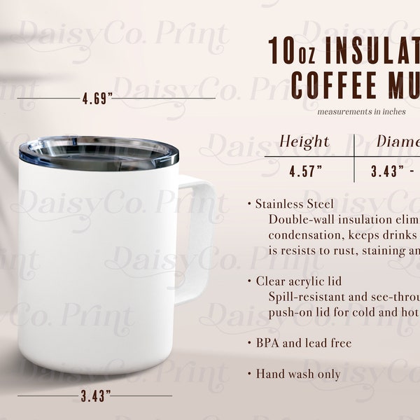 10oz Insulated Coffee Mug Mockup, Insulated Coffee Mug Size Chart, Generic Brand Coffee Mug, Stainless Steel Coffee Mug Mockup, Printify Cup