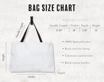 Weekender Tote Mockup, Weekender Tote Size Chart, Weekender Mockup, Generic Brand Weekender Bag Printify Mockup, AOP Weekender Black Handle