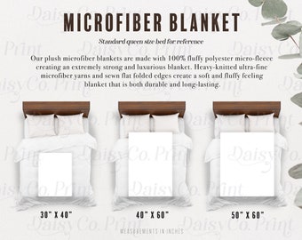 May include: Three white microfiber blankets of different sizes are displayed on beds with brown headboards. The blankets are 30 inches by 40 inches, 40 inches by 60 inches, and 50 inches by 60 inches. The text "MICROFIBER BLANKET" is at the top of the image.