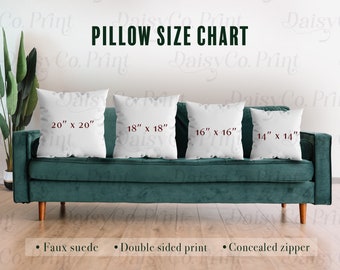 Pillow Mockup Size Chart, Faux Suede Square Pillow Mockup, Faux Suede Generic Brand Pillow Size Chart, Faux Suede Pillow Sizing Chart Mockup