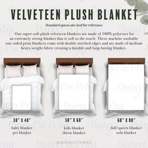 May include: Three plush velvet blankets in different sizes, shown on beds. The blankets are white and have a soft, velvety texture. The sizes are 30" x 40", 50" x 60", and 60" x 80".