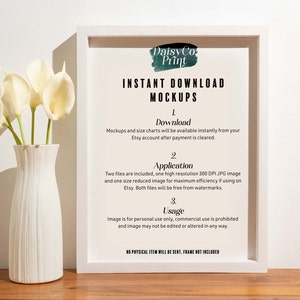 May include: White frame with a white mat surrounding a printable mockup design. The text in the frame reads "Daisy Co Print Instant Download Mockups". The text below the title describes the download process, application, and usage of the mockup.