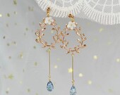 Light Blue Gold Leaf Laurel Wreath Dangle Earrings, Olivine Wedding Jewelry, Long Bridal earrings,Gift for Mom wife girlfriend Sister
