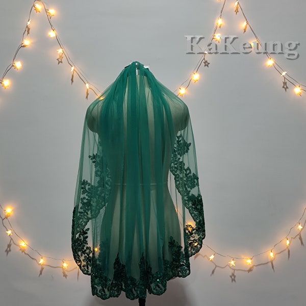 Fashion Wedding Sequin Lace Veil, Green One Layer Sequin Lace Short Veil, Elegant Bridal Sequin Lace Veil, White Ivory Sequin Lace Veil