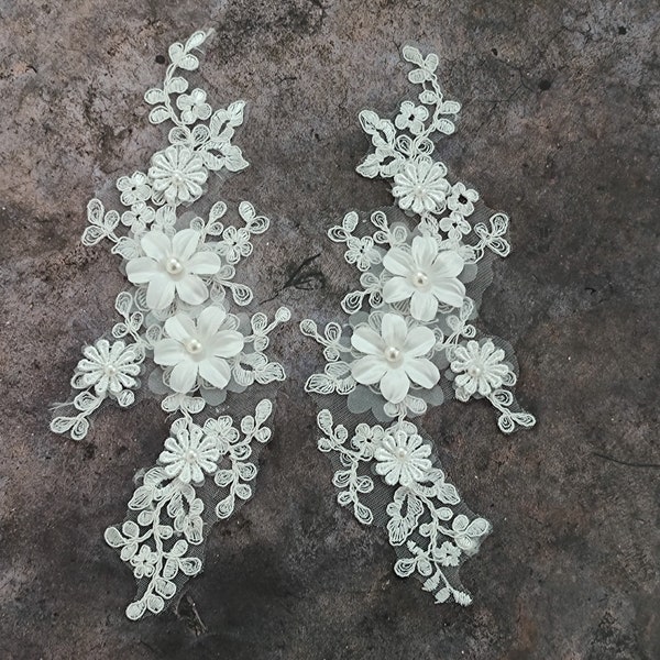 Wedding Ivory Lace Applique Fabric, Bridal Veil 1 Pair Pearl Lace Applique Fabric, Delicate White Lace Applique Fabric