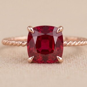 May include: A ring featuring a large, cushion-cut, deep red gemstone held by four prongs. The band is crafted from rose-colored metal and displays a twisted, rope-like texture that extends from the central setting around the finger.