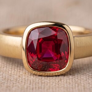 Può includere: Un anello in oro con una grande pietra preziosa rosso intenso a taglio cuscino, incastonata in una lunetta liscia e lucida. La fascia dell'anello presenta una finitura spazzolata e opaca, in contrasto con la montatura lucida della pietra.
