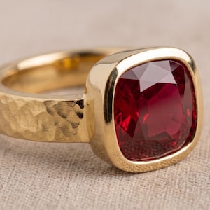 Natural Ruby Panchtatu Gold Plated Cushion Cut Bezel Solitaire Hammered Ring