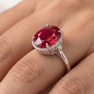 Natural Ruby Panchtatu Silver Plated Oval Cut Halo Filigree Vintage Statement Ring
