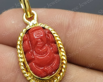 Lord Ganesha Carved Pendant on Coral in Panchdhatu Gold Plated – Unisex Jewelry with Spiritual Significance, Handcrafted Excellence for All