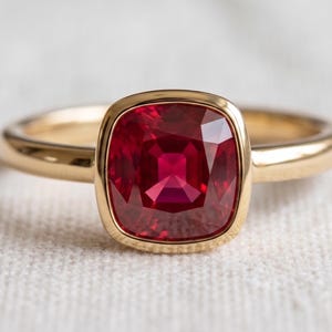 Natural Ruby Panchtatu Gold Plated Cushion Cut Bezel Smooth Solitaire Ring