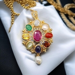 Natural Certified Navratna Astrological 9 Planet Gemstone Pendant In Panchdhatu Gold Plated Handmade Pendant For Unisex