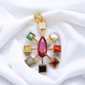 Natural Certified Navratna Astrological 9 Planet Gemstone Pendant In Panchdhatu Gold Plated Handmade Pendant For Unisex