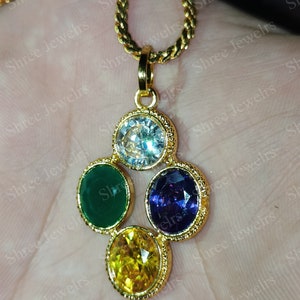 Unique Unisex Pendant with Emerald, Yellow Sapphire, Blue Sapphire, and White Sapphire in Panchdhatu Gold Plating – Astrological Harmony