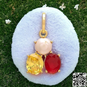 Pearl Sapphire Ruby Pendant Necklace, Three Stone Design in Panchdatu Alloy