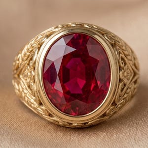 Natural Ruby Panchtatu Gold Plated Oval Cut Bezel Floral Engraved Signet Ring