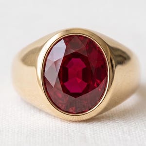 May include: A gold ring featuring a large, oval-cut, deep red gemstone set in a smooth, polished metal band. The faceted stone is centered within the bezel setting, showcasing a vibrant crimson hue and a reflective, high-shine finish throughout.