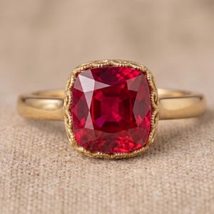 May include: A gold ring featuring a large, cushion-cut, deep red gemstone set in a decorative, filigree-style bezel. The band is smooth and polished, contrasting with the intricate, textured metalwork surrounding the central red stone.