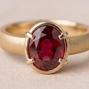 May include: A gold ring featuring a large, oval-cut, deep red gemstone set in a four-prong mounting. The band of the ring has a brushed, matte finish, providing a contrast to the polished gold setting and the faceted, vibrant red center stone.