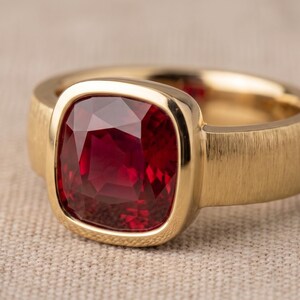 Natural Ruby Panchtatu Gold Plated Cushion Cut Bezel Solitaire Matte Ring