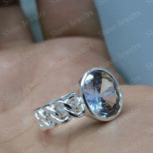 White Sapphire Ring Silver Plated in Handmade Panchdhatu Chain Design Elegant Jewelry Gift