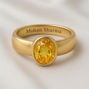 Yellow Sapphire Ring, Panchtatu Gold Plated Wide Matte Bezel Band
