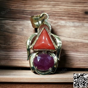 Triangle Coral & Ruby Pendant Necklace in Panchdhatu - Unique Gemstone Jewelry for Women - Handmade Triangle Pendant
