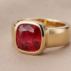 Natural Ruby Panchtatu Gold Plated Cushion Cut Bezel Smooth Signet Ring