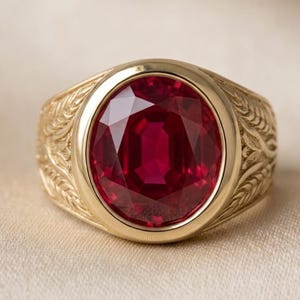 May include: A gold ring featuring a large, oval-cut, deep red gemstone set in a smooth bezel. The band of the ring is crafted from yellow gold and displays an intricate, engraved wheat-like pattern along the sides, extending from the central setting.