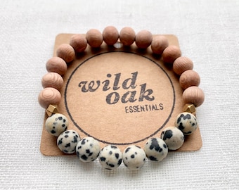 Dalmatian Jasper, Essential Oil Bracelet, Gemstone Bracelet, Aromatherapy, Natural Stone Jewelry, Essential Oil Diffuser, Wood Bead Bracelet