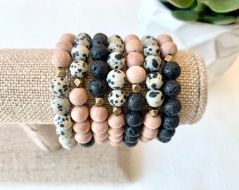 Dalmatian Jasper, Lava Stone, Essential Oil Bracelet, Gemstone Bracelet, Natural Stone Jewelry, Essential Oil Diffuser, Wood Beaded Bracelet