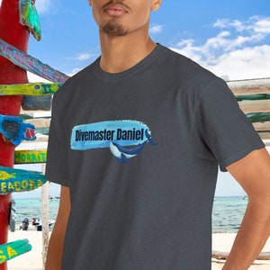 Personalized Unisex Heavy Cotton Tee for Divers: Custom Name, Ideal Gift for New Certified Divers, Underwater Explorer, Divemaster Essential
