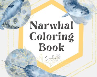 Puede incluir: Un libro para colorear con cuatro ilustraciones de narvales. Los narvales están dibujados en estilo acuarela con tonos azules y grises. El título del libro es "Narwhal Coloring Book".
