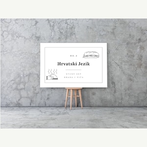以下が含まれることがあります： 黒文字とイラストが描かれた白いポスター。ポスターには「No. 3 Hrvatski Jezik Study Set Hrana i Pića」と書かれている。ポスターには、サンドイッチとドーム型の蓋が付いた皿の絵が描かれている。