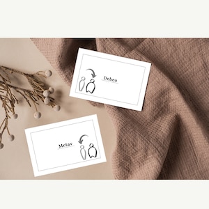 May include: Two white cards with black text and illustrations. The top card says "Debeo" and shows an arrow pointing to a larger person. The bottom card says "Mršav" and shows an arrow pointing to a smaller person.