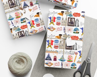 Papel de embrulho para presente da cultura francesa: Torre Eiffel, Croissants, Ícones franceses, Perfeito para todas as ocasiões, Presente inspirado na França, Francófono