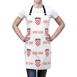 May include: White apron with a repeating pattern of the Croatian flag and the words "Dobro" and "Hvala" in red.