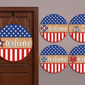 Pacote de Placas de Porta de Boas-Vindas Americanas SVG, Arquivos Patrióticos Recortados a Laser, Glowforge CNC SVG, Placa de Casa de Herói Militar SVG