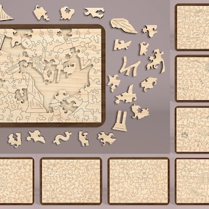 May include: A wooden jigsaw puzzle with a detailed illustration of the New York City skyline, including the Statue of Liberty, the Empire State Building, and the Brooklyn Bridge. The puzzle is made up of many small pieces and is a challenging but rewarding project.