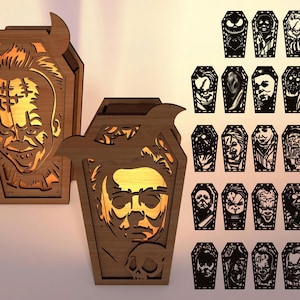 Halloween Horror Laterne SVG Bundle, Sarg Kerzenhalter Laser Cut Dateien, Gruselige Gesichter Lampe, Glowforge Cricut DXF PDF