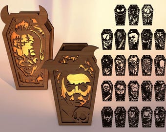 Halloween Horror Lantern SVG Bundle, Coffin Candle Holder Laser Cut Files, Spooky Scary Faces Lamp, Glowforge Cricut DXF PDF