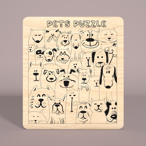May include: A wooden puzzle with the text "PETS PUZZLE" at the top. The puzzle features a variety of black and white cartoon animals, including dogs and cats.
