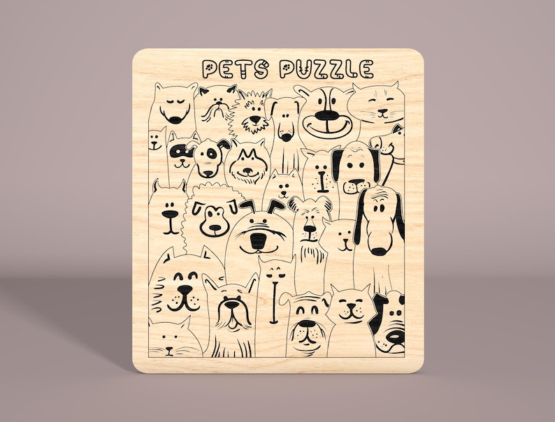May include: A wooden puzzle with the text "PETS PUZZLE" at the top. The puzzle features a variety of black and white cartoon animals, including dogs and cats.