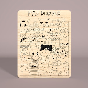 May include: A wooden puzzle featuring a black and white illustration of a group of cats with different expressions and patterns. The puzzle is titled "CAT PUZZLE".