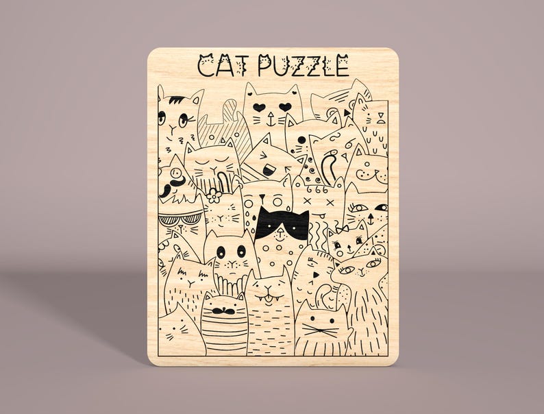 May include: A wooden puzzle featuring a black and white illustration of a group of cats with different expressions and patterns. The puzzle is titled "CAT PUZZLE".
