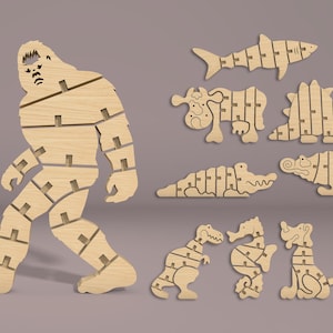 Flexibel scharnierend Bigfoot speelgoed en dieren svg, perfect knutselcadeau voor kinderen en volwassenen, lasercut puzzel, verplaatsbaar houten figuur gesneden bestand